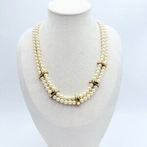 Vintage Monet Gold Tone accents and Faux Pearls Beads 2 Strand Necklace
